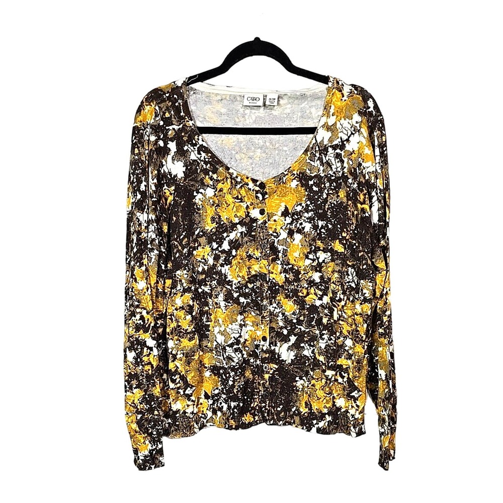 Cato Yellow Floral Print Knit Stretch Button Front Top Womans Plus Size 26/28W
